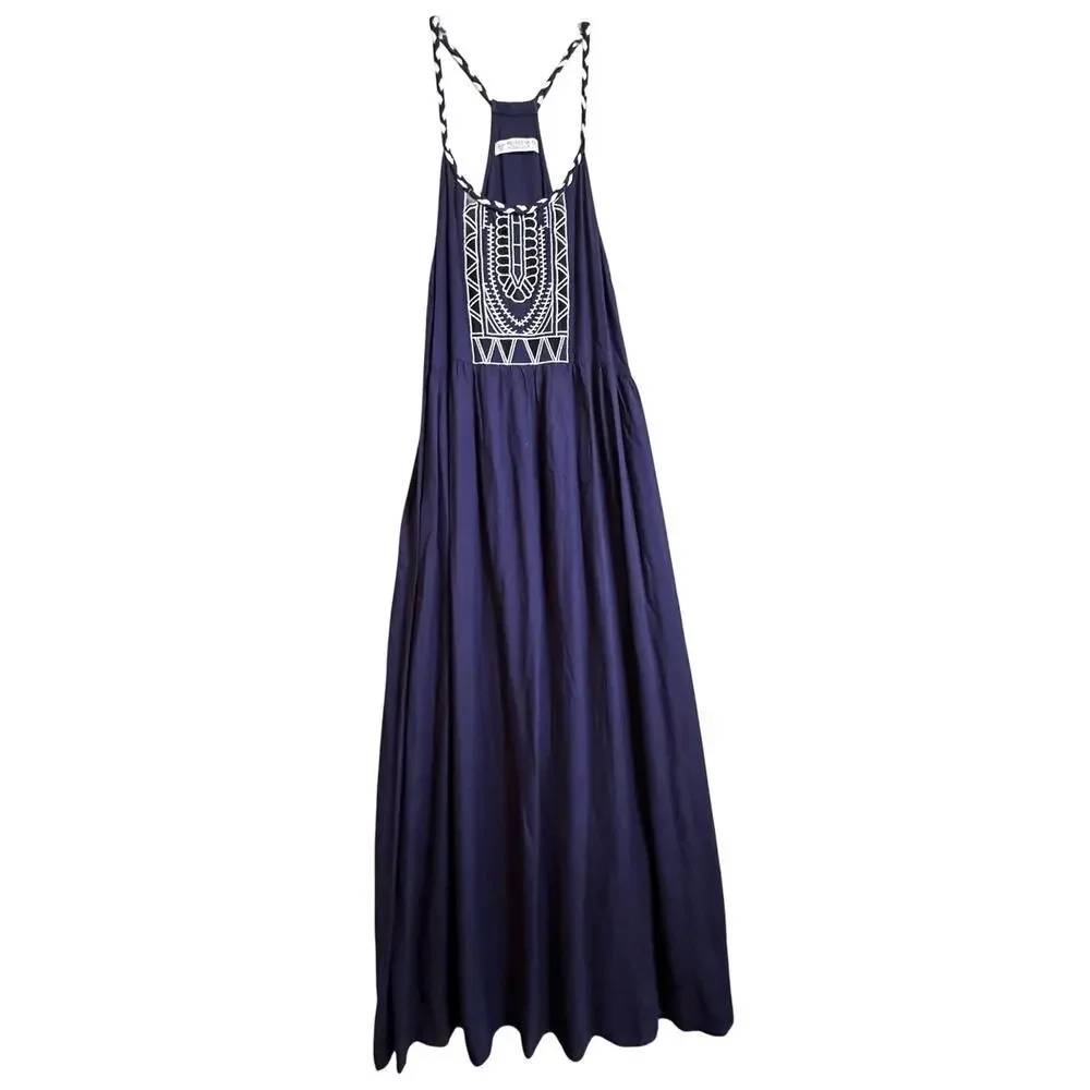 Pull & Bear Navy Embroidered Maxi Dress Boho Racerback Sleeveless Small